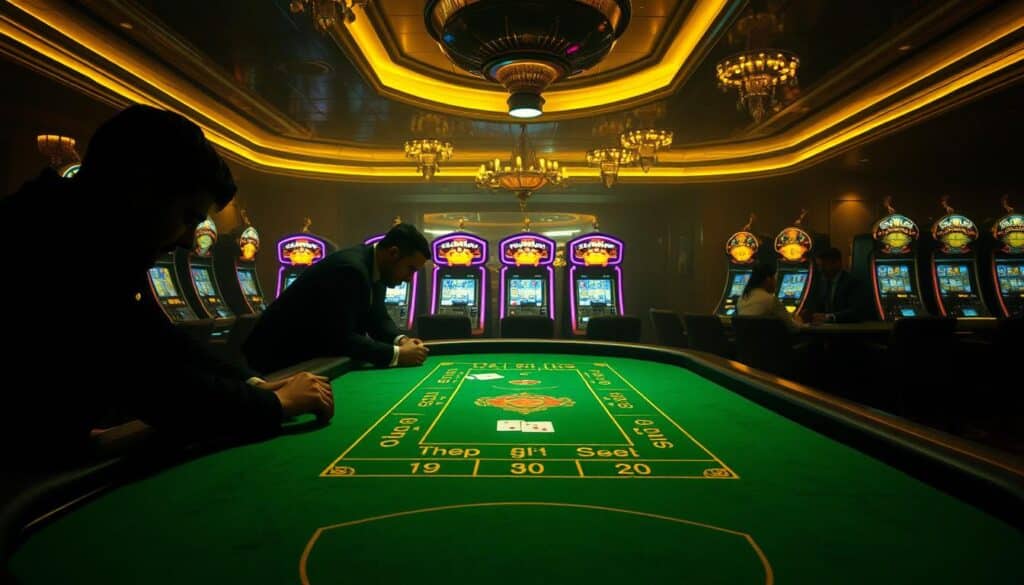 A dimly lit casino interior, with the green baize table of a baccarat game prominently featured in the foreground. Shadowy figures lean over the table, their faces obscured by the low lighting. The table is adorned with ornate gold trimmings, hinting at the high-stakes nature of the game. In the background, a row of slot machines flashes with tempting colors, creating an atmosphere of excitement and anticipation. The lighting is warm and atmospheric, creating a sense of tension and focus on the baccarat game. The camera angle is slightly elevated, giving the viewer a sense of being an observer of the subtle strategies and techniques unfolding on the table.