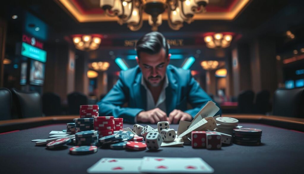 A dimly lit casino interior, with the iconic baccarat table in the foreground. On the tabletop, a jumble of poker chips, cards, and a pair of dice symbolizing the common myths and misconceptions surrounding the game. In the middle ground, a seasoned gambler scrutinizing the table, deep in contemplation, their expression illuminated by the soft glow of the overhead chandeliers. The background blurs into the shadows, hinting at the complex realities and strategies of the game. The scene evokes a sense of intrigue, challenging the viewer to look beyond the surface-level perceptions of baccarat.