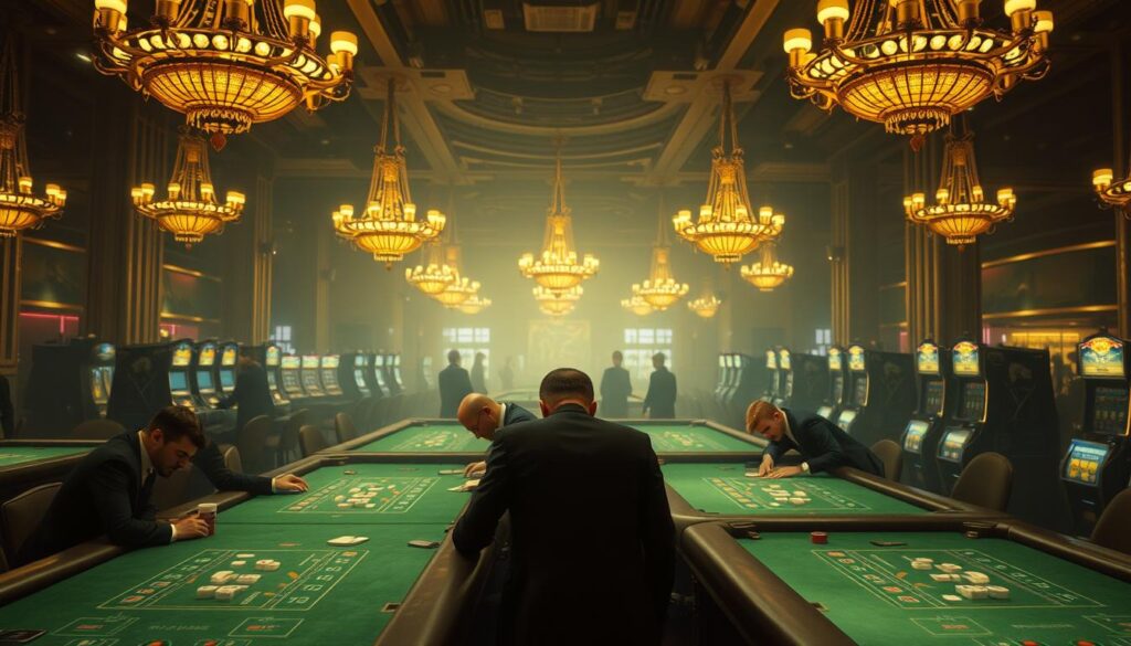 A dimly lit casino interior, with the iconic green felt tables of a Baccarat gaming area in the foreground. Ornate chandeliers cast a warm, golden glow over the scene, creating an air of luxury and exclusivity. In the middle ground, well-dressed patrons lean intently over the tables, their faces focused as they analyze the cards and make their bets. The background is hazy, with the faint outlines of slot machines and other gaming tables visible, suggesting the bustling energy of the casino. The overall atmosphere is one of strategic contemplation, with the house's mathematical edge over the players subtly implied through the carefully curated environment.