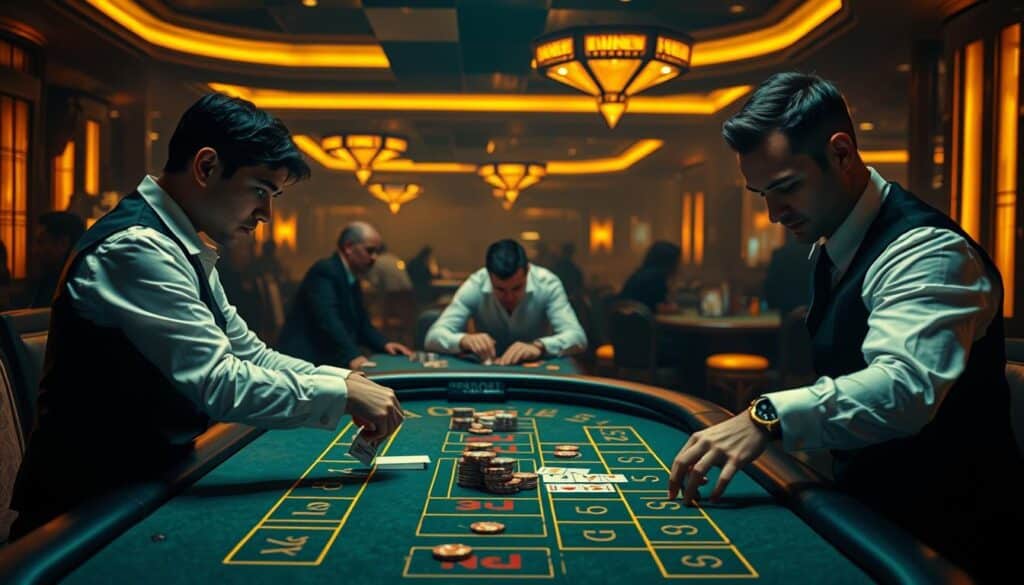 A dimly lit casino interior, with warm golden lighting casting a soft glow across the felt-topped tables. In the foreground, a croupier in a crisp white shirt and black vest deals cards, their hands deftly shuffling the deck. The table is adorned with the classic Baccarat layout, with chips in various denominations scattered across its surface. In the middle ground, players lean intently over the table, their expressions focused as they make their bets. The background is hazy, with the silhouettes of other gaming tables and patrons visible, creating a sense of activity and anticipation. The overall atmosphere is one of sophistication and excitement, inviting the viewer to step into the world of Baccarat and explore its fundamental rules.