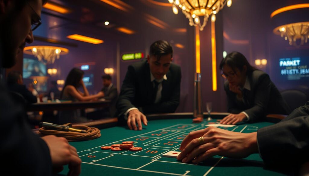 A dimly lit casino interior, with warm lighting casting a gentle glow over a baccarat table. In the foreground, a skilled player's hands, meticulously arranging their chips and cards, their expression one of focused concentration. The table's green felt surface is adorned with the intricate markings of the baccarat layout, hinting at the game's strategic complexities. In the middle ground, other players lean in, observing the action with rapt attention. The background is shrouded in a subtle haze, emphasizing the intimate, hushed atmosphere of the gaming floor. The scene conveys a sense of mastery, as the player navigates the nuances of the game with confidence and poise.