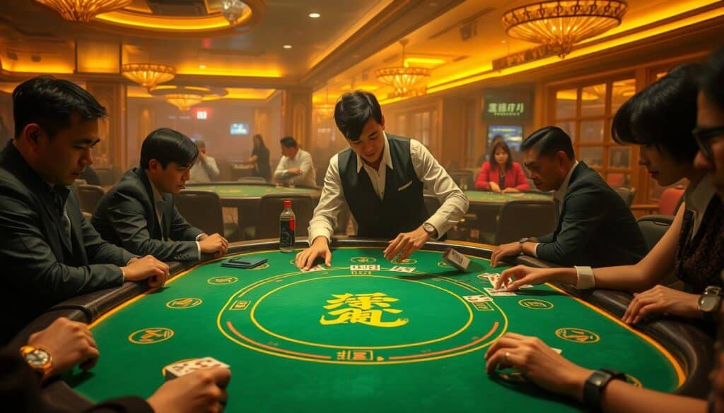 A dimly lit casino interior, with warm lighting casting a golden glow across the baccarat table. The table's green felt surface is pristine, with the iconic Chinese characters "百家樂" elegantly displayed at the center. Around the table, players lean in, their expressions intense as they meticulously study the cards. The dealer, dressed in a crisp white shirt and black vest, expertly shuffles the deck, their every move deliberate and precise. The background is hazy, with the faint silhouettes of other gaming tables and the occasional glimpse of a passing server, creating a sense of immersion in the bustling casino atmosphere.