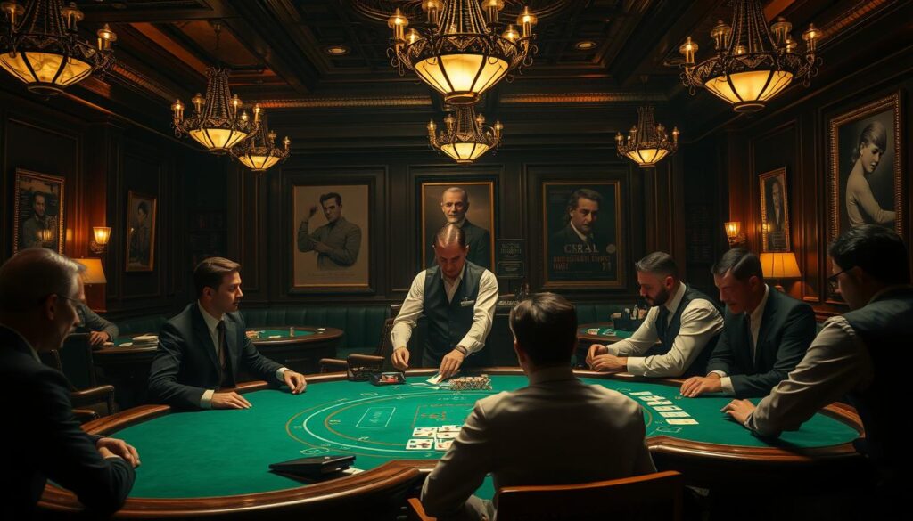 A dimly lit casino interior, with wooden gambling tables and elegant chandeliers casting a warm glow. In the foreground, a group of well-dressed players intently focused on a game of Baccarat, their faces illuminated by the green felt table. In the middle ground, a croupier in a crisp white shirt and black vest skillfully deals the cards, their movements precise and practiced. The background reveals a rich history, with vintage posters and framed photographs depicting the evolution of this timeless game, from its origins in 15th century Italy to its rise in popularity across Asia. The atmosphere is one of timeless sophistication, where the thrill of the game is balanced by a sense of tradition and elegance.