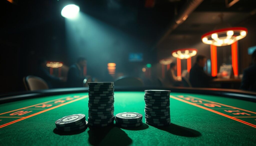 A dimly lit casino setting, with a green baize-covered baccarat table in the foreground. On the table, two piles of casino chips - one representing the banker's (庄家) winning rate, the other the player's (閒家) winning rate. The chips are stacked in a way that visually conveys the difference in winning probabilities. Overhead, a single spotlight casts dramatic shadows, creating a sense of tension and strategic decision-making. The background is hazy, with the faint outlines of other gaming tables and players, emphasizing the focus on the core gameplay mechanics. The overall mood is one of analytical contemplation, inviting the viewer to delve into the nuances of baccarat strategy.