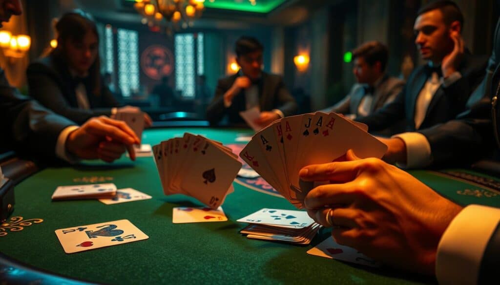 A dimly lit casino table, green felt surface gleaming under soft, warm lighting. Playing cards are elegantly fanned out, revealing the strategic mechanics of Baccarat. Experienced hands gracefully manipulate the cards, guiding the game's ebb and flow. The table's edges are adorned with intricate, gilded designs, exuding an air of sophistication. In the background, a sense of quiet concentration prevails, as players meticulously analyze each move, seeking to uncover the game's hidden patterns and rhythms. The scene conveys a captivating balance of luck, skill, and the age-old allure of the casino.