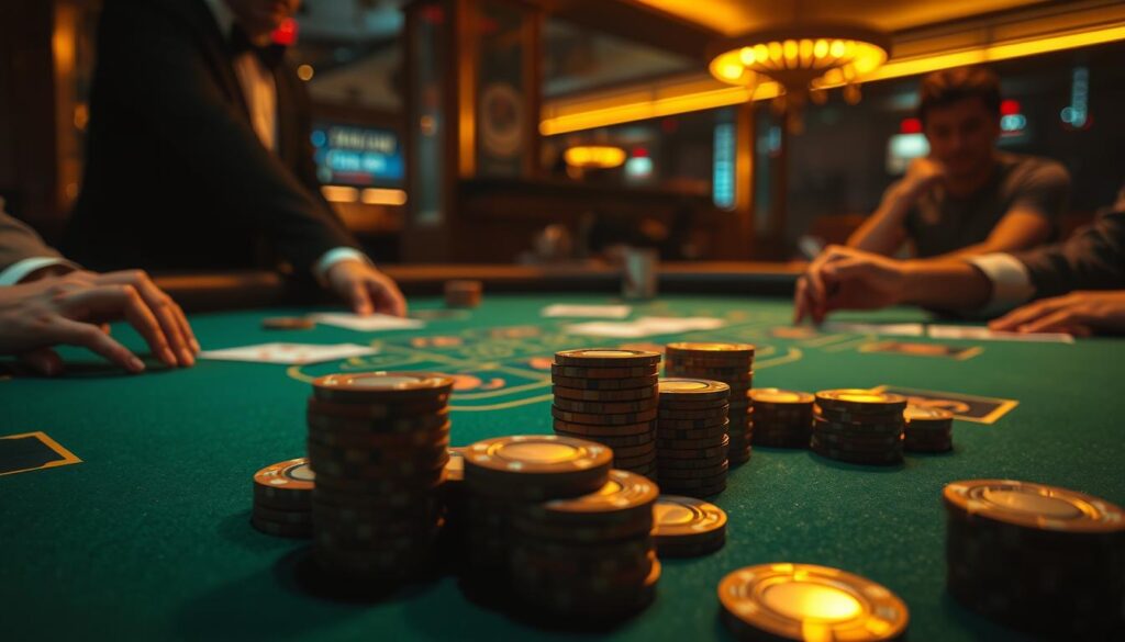A dimly lit casino table, green felt surface illuminated by warm lighting, inviting players to engage in the strategic game of baccarat. Wooden casino chips in a variety of denominations are neatly stacked, hinting at calculated wagers. A discreet dealer's hand hovers, ready to distribute cards with precision. The scene exudes an air of concentration and anticipation, as seasoned players meticulously plan their moves, seeking to unlock the secrets of effective betting strategies.