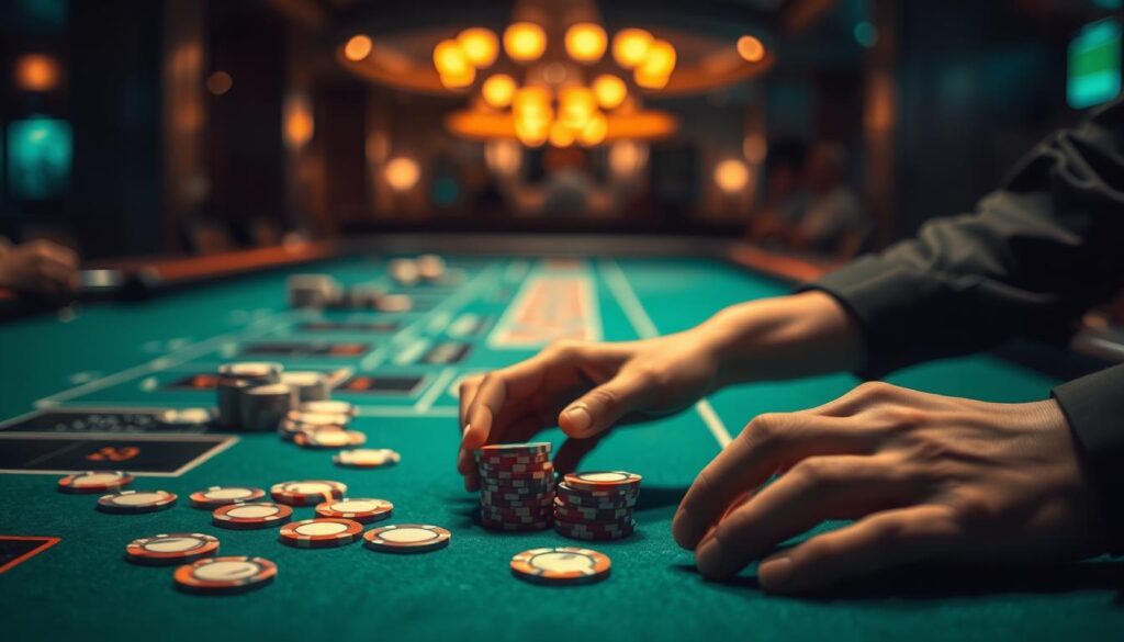 A dimly lit casino table, green felt surface reflecting the warm glow of overhead lamps. Chips of various denominations are scattered across the baize, hinting at the high-stakes game in progress. In the foreground, a pair of hands carefully arrange the chips, suggesting a seasoned gambler employing strategic betting techniques. The background is blurred, drawing the viewer's attention to the focused decision-making of the player. The atmosphere is tense, yet exhilarating, capturing the essence of the popular baccarat game and the shared strategies that lead to success.