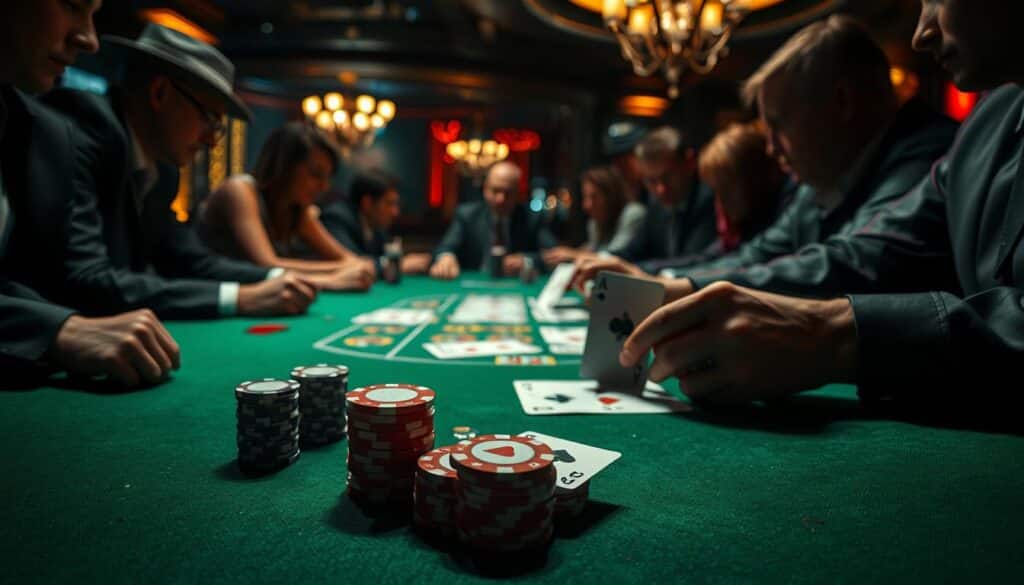 A dimly lit casino table, green felt surface stretched out before a group of gamblers intently focused on their betting strategies. The dealer's hands deftly shuffles and deals the cards, as players study their hands and quietly contemplate their next moves. Soft, atmospheric lighting casts dramatic shadows, creating a sense of tension and anticipation. In the foreground, betting chips are strategically stacked, representing the various Baccarat betting systems being employed. The middle ground features a detailed closeup of the playing cards, highlighting the iconic suit symbols. In the background, the opulent trappings of the casino environment lend an air of luxury and exclusivity to the scene. This image conveys the strategic essence of Baccarat betting, capturing the intensity and calculated risk-taking that defines the game.
