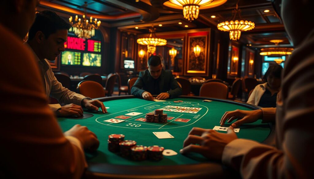 A dimly lit casino table illuminated by warm, golden lighting. The green felt surface is meticulously arranged with the iconic baccarat playing cards, chips, and a pair of dealing hands poised to reveal the next draw. The atmosphere is one of anticipation and strategic calculation, with the players' faces obscured in shadow, focused intently on the game unfolding before them. In the background, the ornate, luxurious decor of the casino sets the stage, hinting at the high-stakes nature of the baccarat experience. The overall composition captures the essence of the game's key elements - luck, skill, and the thrill of the unknown.