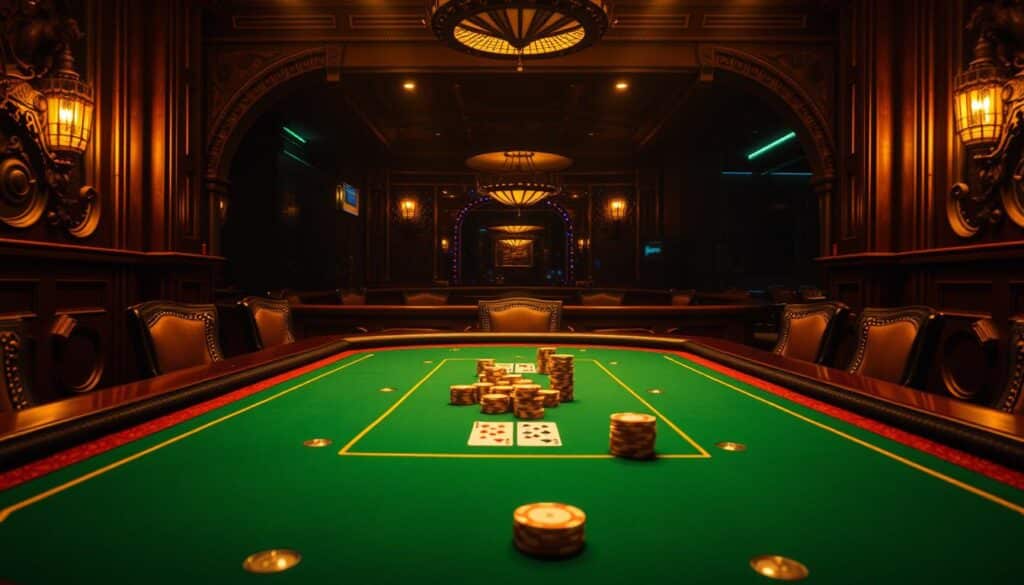 A dimly lit casino table, its green felt surface gleaming under warm, golden lighting. Elaborate wood carvings frame the table, creating an air of sophistication. In the center, the iconic Baccarat cards and chips are meticulously arranged, hinting at the strategic gameplay unfolding. The camera angle captures the table from a slight high angle, emphasizing the player's perspective and the intense focus required to master the game's winning tactics. A sense of tension and anticipation permeates the scene, as the player contemplates their next move, determined to unlock the secrets of Baccarat's triumphant strategies.