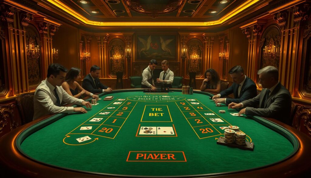 A dimly lit casino table, its green felt surface gleaming under warm, golden lighting. Ornate carved edges frame the table, creating a sense of grandeur. In the center, the classic baccarat layout is meticulously detailed, with the player, banker, and tie bet areas clearly delineated. Elegant croupiers in crisp uniforms stand ready, their movements graceful and precise as they guide the flow of the game. The table is surrounded by a handful of focused players, their expressions intense as they study the cards and place their wagers. The atmosphere is one of suspense and anticipation, heightened by the subtle chatter and the occasional subtle clink of chips. The overall scene conveys the timeless allure and sophisticated elegance of the baccarat gaming experience.