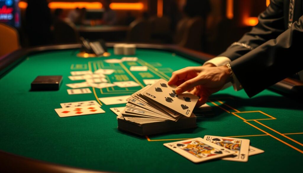 A dimly lit casino table, its green felt surface gleaming under warm, golden lighting. The iconic baccarat cards are neatly arranged, their intricate patterns and suits visible. In the foreground, a dealer's hands deftly shuffle the deck, creating a mesmerizing rhythm. The table's edges are adorned with subtle, elegant detailing, hinting at the timeless tradition of this classic card game. The background is softly blurred, drawing the viewer's focus to the central gameplay elements. An atmosphere of sophistication and concentration permeates the scene, inviting the viewer to explore the fundamental rules and strategies of the time-honored game of baccarat.