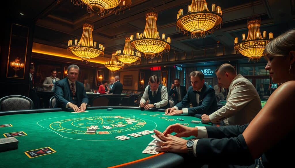 A dimly lit casino table, its green felt surface reflecting the warm glow of ornate chandeliers overhead. Experienced croupiers stand ready, their hands deftly shuffling a deck of cards. Elegant patrons, dressed in refined attire, lean in with anticipation, their gazes fixed on the unfolding game of Baccarat. The air is charged with the excitement of high-stakes gambling, where fortunes are won and lost in the span of a single deal. The scene captures the essence of the time-honored tradition of Baccarat, inviting the viewer to immerse themselves in the captivating world of this classic casino game.