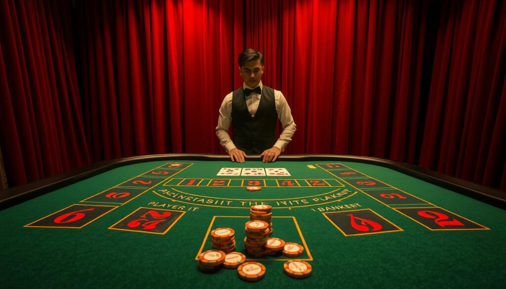 A dimly lit casino table set against a backdrop of rich, burgundy velvet curtains. The green felt surface is adorned with the classic baccarat layout, with its distinct areas for player, banker, and tie bets. Elegant wooden chips in varying denominations are scattered across the table, hinting at the high-stakes nature of the game. A single croupier, dressed in a crisp white shirt and black vest, stands poised, ready to guide players through the ritual of dealing the cards. The lighting casts a warm, inviting glow, creating an atmosphere of sophistication and anticipation. The camera angle provides a birds-eye view, allowing the viewer to fully immerse themselves in the captivating world of baccarat.