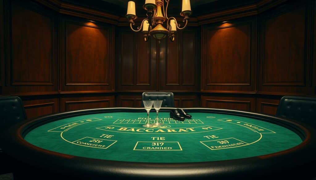 A dimly lit casino table set against a backdrop of warm-toned wooden paneling. On the table, a green felt surface is adorned with the classic baccarat game layout, showcasing the player, banker, and tie bet options. Elegant crystal glasses and a pair of dealing shoes sit at the ready, suggesting an air of sophistication. Overhead, a ornate chandelier casts a soft, golden glow across the scene, creating a cozy, inviting atmosphere. The camera angle is slightly elevated, providing a comprehensive view of the table and its surroundings, allowing the viewer to fully immerse themselves in the baccarat experience.