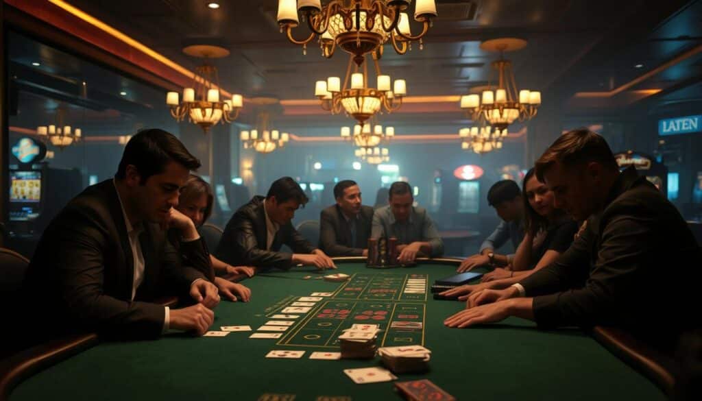 A dimly lit casino table, surrounded by focused players engaged in a game of baccarat. The green felt surface reflects the warm glow of overhead chandeliers, casting a subtle haze over the scene. In the foreground, a dealer's hands expertly shuffle and deal the cards, while players lean in, their expressions a mix of concentration and anticipation. The background is hazy, with the faint outlines of other gaming tables and the occasional flash of a nearby slot machine. The overall mood is one of intensity and quiet intensity, capturing the essence of the common mistakes made by players in this classic casino game.
