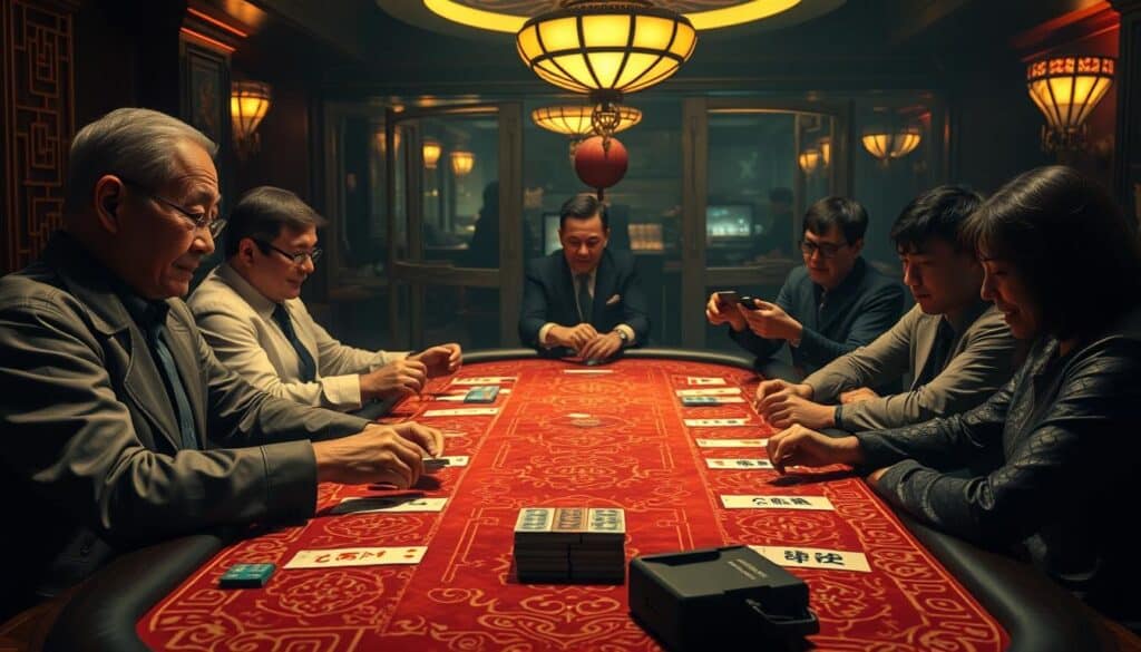 A dimly lit casino table, the dealer's hands expertly shuffling and dealing cards. On one side, the "莊家" (banker), a stoic and experienced gambler, their face betraying no emotion. On the other, the "閒家" (player), a mix of seasoned veterans and eager newcomers, their expressions ranging from tense concentration to elated triumph. The table is adorned with the intricate patterns and symbols of traditional Chinese gambling culture, casting a warm, amber glow over the scene. The air is thick with the excitement of high-stakes play, each hand a test of strategy and chance. A sense of timelessness pervades the moment, as if this tableau could have unfolded decades or centuries ago, the essence of the ancient game of baccarat distilled into a single, captivating frame.