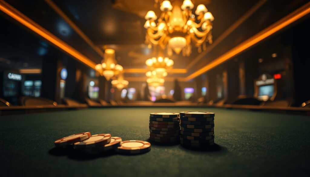 A dimly lit casino table, the felt glowing with subtle elegance. On the surface, two piles of casino chips - one representing the banker's hand, the other the player's. Overhead, a warm chandelier casts a soft, golden light, creating an atmosphere of anticipation and strategy. In the background, the faint silhouettes of other gaming tables and the bustling energy of the casino floor. The image conveys the crucial decision-making process faced by skilled baccarat players, balancing the allure of the banker's hand with the potential rewards of the player's hand, all within the captivating ambiance of the gaming establishment.