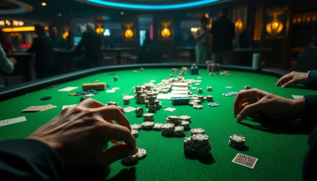 A dimly lit casino table, the felt green like a lush meadow. On the table, poker chips in a jumble, dice tumbling, cards scattered haphazardly. In the foreground, a frustrated player's hands, fingers clutching their head in exasperation. Shadows cast by the overhead lights create a moody, atmospheric scene, highlighting the tension and mistakes of the game. The background hazy, indistinct figures of other players and casino staff, creating a sense of the bustling environment. Subtle hints of the casino's opulence - gilded fixtures, polished wood - but the focus remains on the player's mistake-filled game and the universal experience of casino gaming gone wrong.