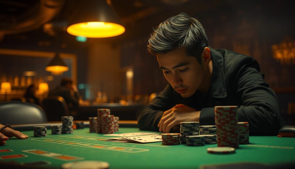 A dimly lit casino table, the felt green like a tranquil meadow. Overhead, a warm spotlight casts a golden glow, drawing the eye to the cards being dealt, the chips stacked high. In the foreground, a contemplative gambler, their face etched with intensity, lost in the calculus of probability and human psychology. The background blurs into a haze of uncertainty, the rules of the game and the workings of the mind intertwined. Capture the essence of the gambler's journey, the thrill and the trepidation, the science and the serendipity that define the "Psychology of Gambling".