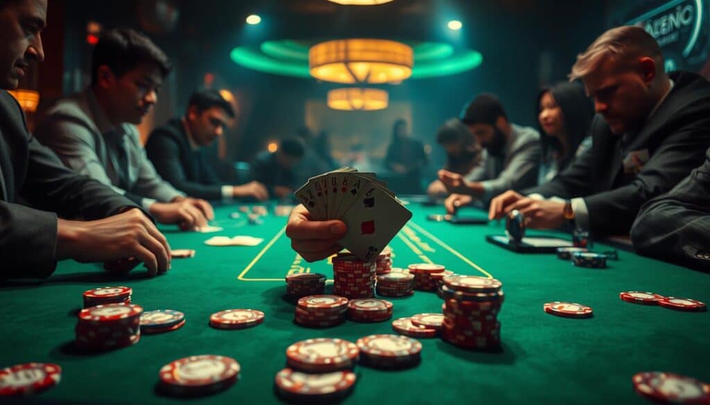 A dimly lit casino table, the felt surface a rich emerald green. On it, a carefully arranged set of gaming chips, some stacked neatly, others scattered across the table. The lighting casts a warm, ambient glow, creating an air of anticipation and excitement. In the foreground, a dealer's hands deftly shuffle a deck of playing cards, ready to deal the first hand of baccarat. The table is surrounded by players leaning in, their faces etched with concentration as they study the cards and make their bets. The overall scene captures the essence of the classic baccarat game, with its timeless elegance and the thrill of the high-stakes gameplay.