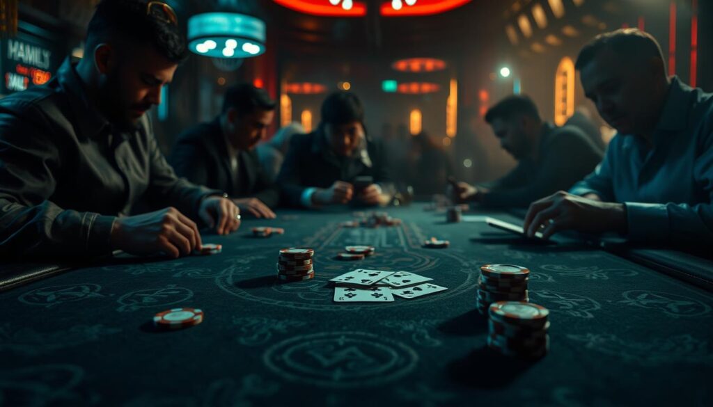 A dimly lit casino table, the felt surface adorned with intricate patterns and markings. A deck of cards lies at the center, accompanied by poker chips in various denominations. The table is surrounded by players, their faces partially obscured by the atmospheric lighting, each studying their cards with intense concentration. In the background, the hazy glow of casino ambiance sets the scene, creating a sense of suspense and anticipation. The composition emphasizes the strategic nature of the game, with the players' expressions and the arrangement of the table elements conveying the essence of "百家樂遊戲策略".