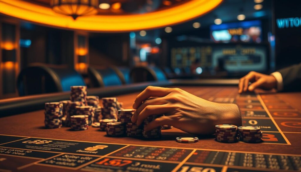 A dimly lit casino table, the felt surface bathed in a warm, amber glow. Stacks of casino chips in a variety of denominations are meticulously arranged, creating a visual representation of strategic betting patterns. The table's edge is lined with detailed information on the optimal baccarat betting strategies, conveying a sense of analytical precision. In the foreground, a player's hands carefully manipulate the chips, contemplating the next move with a look of intense focus. The background is blurred, emphasizing the concentration required for effective baccarat gameplay. The overall atmosphere evokes a sense of calculated risk-taking, where players utilize data-driven insights to maximize their chances of success.