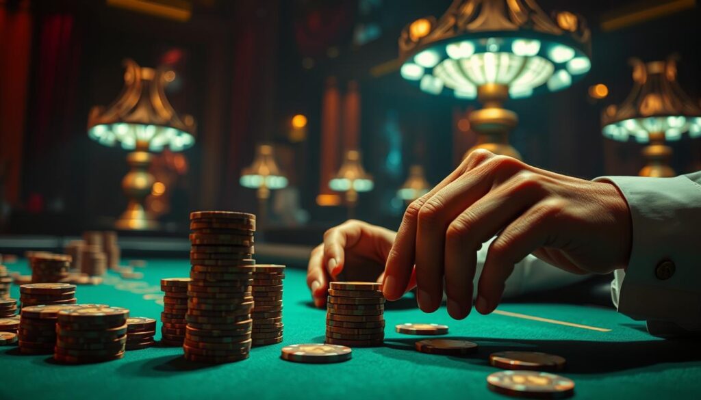 A dimly lit casino table, the green baize surface reflecting the warm glow of table lamps. Intricately carved wooden chips, some stacked high, others scattered across the felt. The experienced gambler's hand hovers over the chips, considering their next move with intense focus. Subtle shadows accentuate the tense expression on their face, as they meticulously analyze the patterns unfolding on the table - the "good road" that holds the key to victory. The scene conveys a sense of strategic thinking, the thrill of the game, and the pursuit of mastering the elusive art of baccarat.