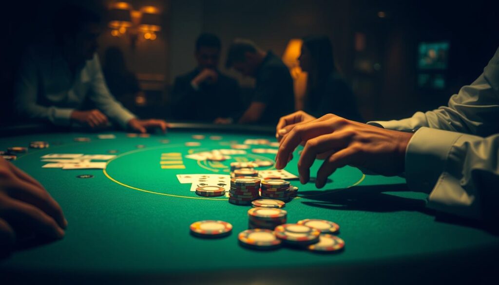 A dimly lit casino table, the green felt a canvas for the intricate dance of chips and cards. In the foreground, a pair of hands deliberates over the betting options, the chips poised to reveal the player's strategy. The background is hazy, with the silhouettes of other gamblers leaning in, transfixed by the unfolding game. Soft, warm lighting casts dramatic shadows, creating a sense of intensity and focus. The image conveys the analytical nature of the betting decisions, the player's concentration palpable, as they navigate the nuances of this time-honored game of Baccarat.