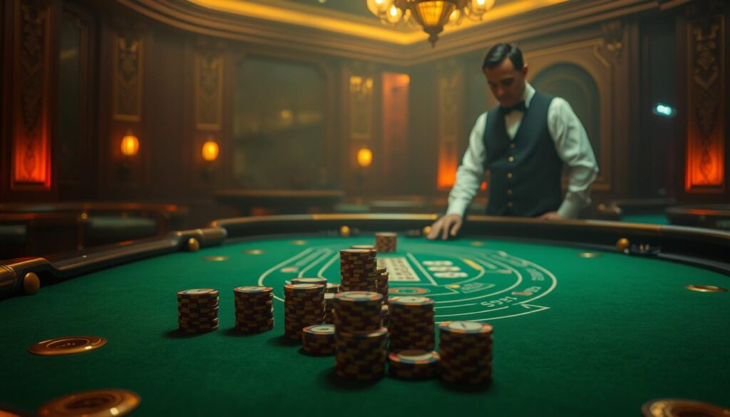 A dimly lit casino table, the green felt casting a soft glow. Ornate wooden trim and brass accents line the edges, exuding an air of refined elegance. In the center, a well-worn baccarat layout, the chips stacked neatly, awaiting the players' bets. The lighting is warm and inviting, creating a sense of anticipation and excitement. A croupier, dressed impeccably in a crisp white shirt and black vest, stands at the ready, poised to deal the cards. The background is slightly blurred, drawing the viewer's focus to the table and the choices before the players. The scene conveys the strategic nature of baccarat, the careful consideration of odds and probabilities that go into each betting decision.