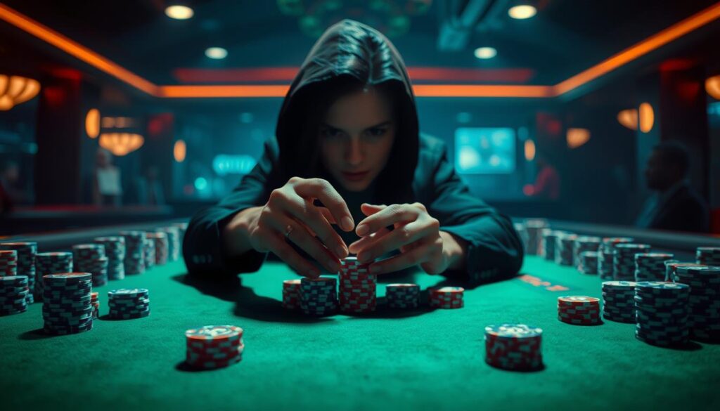 A dimly lit casino table, the green felt illuminated by soft overhead lighting. Lining the edges are stacks of casino chips in varying denominations, suggesting the careful placement of bets. In the center, a pair of hands carefully arranging and rearranging the chips, weighing the odds and contemplating the next strategic move. The player's face is obscured, but their focused expression conveys the intense concentration required to execute a winning baccarat strategy. The scene evokes a sense of strategy, risk, and the calculated pursuit of victory in the high-stakes world of casino gaming.
