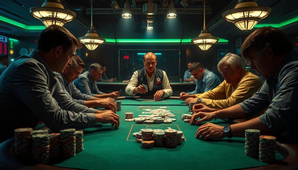 A dimly lit casino table, the green felt illuminated by the soft glow of overhead lamps. Stacks of chips in varying denominations line the edges, a testament to the high-stakes nature of the game. In the center, a croupier expertly shuffles the cards, their movements precise and practiced. Across the table, players lean in, their faces intense with concentration, as they study the cards and analyze the odds. The atmosphere is tense, the air heavy with the anticipation of each hand. The goal is clear: to find the winning strategy, to uncover the secrets of the baccarat table and emerge victorious.