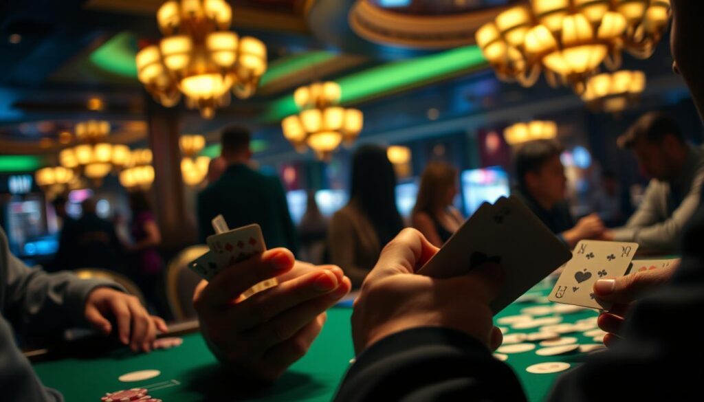 A dimly lit casino table, the green felt illuminated by warm overhead lighting. A dealer's hands expertly shuffling a deck of cards, the sound of chips clinking as players contemplate their next move. In the foreground, a player meticulously tracks the cards, their gaze intense, mind focused on patterns and probabilities. The background blurred, but hinting at the bustling energy of the casino, the excitement and anticipation palpable. A sense of strategy and calculated risk permeates the scene, as the player employs the techniques of card counting to gain an edge in the iconic game of Baccarat.
