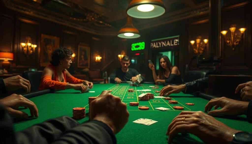 A dimly lit casino table, the green felt like a verdant meadow under the warm glow of vintage lamps. Sleek black and crimson chips tumble and click, a hypnotic dance as players' hands move with practiced precision. The dealer's movements are a blur, cards flicking with the grace of a magician. Tension hangs in the air, broken only by the occasional triumphant cheer or frustrated groan. Shadows pool in the corners, hinting at the thrill and risk that permeates this hallowed space. Capture the calculated elegance and exciting uncertainty of the baccarat experience.