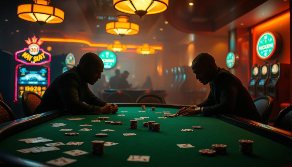 A dimly lit casino table, the green felt reflecting the warm glow of overhead lamps. Playing cards and casino chips scatter the surface, hinting at the intense psychological game of chance unfolding. In the foreground, the silhouettes of two players, their faces obscured, locked in a tense standoff, their bodies leaning forward with anticipation. The background fades into a hazy, atmospheric scene, the sounds of slot machines and muffled chatter creating a palpable sense of excitement and risk. The image conveys the captivating psychology of gambling, the thrill of the unknown, and the high-stakes mental battle that unfolds at the baccarat table.