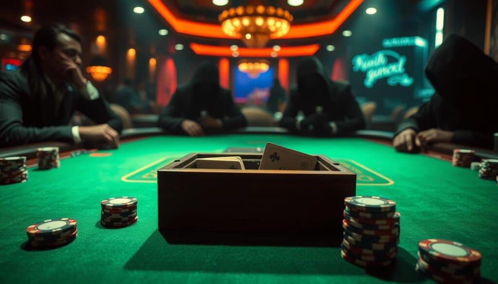 A dimly lit casino table, the green felt shimmering under the soft glow of recessed lighting. Stacks of glossy poker chips in varying denominations line the edges, their colors catching the light. In the center, a weathered wooden croupier's box, the iconic Baccarat cards neatly arranged, ready for the game to begin. Shadowy figures lean in, their faces obscured, deep in concentration as they contemplate their next move, seeking the elusive secrets to winning at this age-old game of chance. The atmosphere is one of hushed anticipation, the air thick with the thrill of the wager and the promise of untold riches.