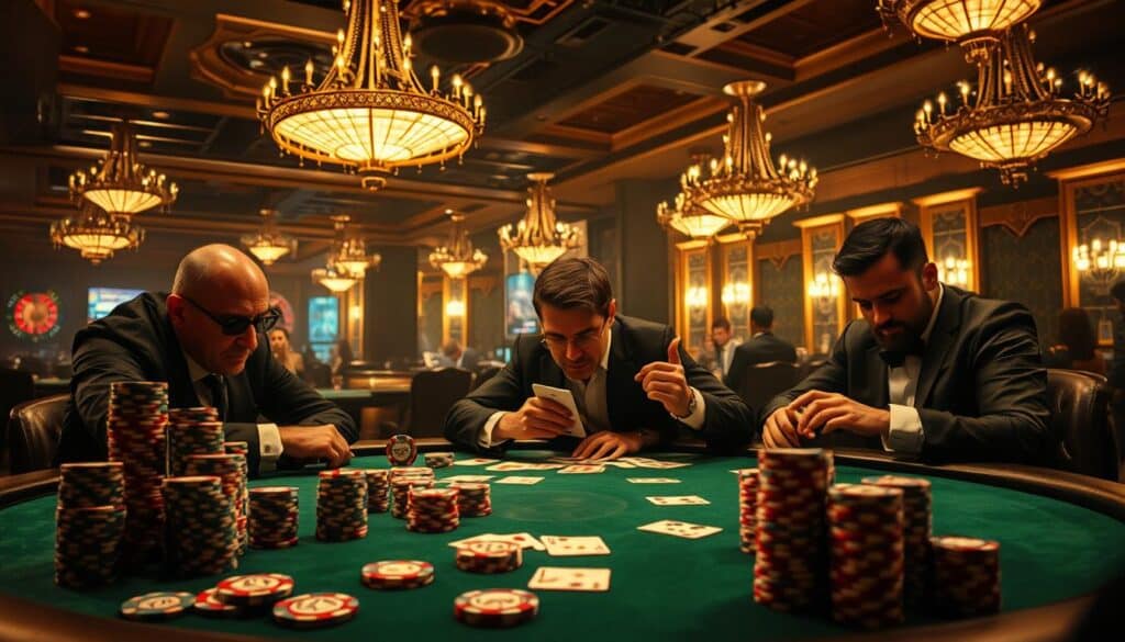 A dimly lit casino table, the green felt shimmering under the warm glow of overhead chandeliers. Stacks of casino chips in various denominations sit neatly arranged, casting subtle shadows. Several players lean in, their expressions intense as they study the cards dealt before them. The air is thick with anticipation, the players' eyes scanning the tableau, searching for patterns, trying to discern the hidden logic of the cards. In the background, the faint sound of roulette wheels and chatter from other tables creates an atmosphere of contained excitement. The image captures the focus and concentration of those immersed in the game of Baccarat, their minds engaged in the subtle art of card observation and prediction.