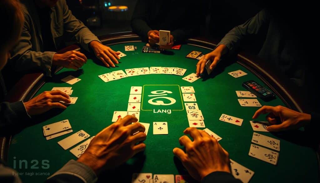A dimly lit casino table, the green felt shimmering under warm spotlights. Expertly dealt cards fan out, their edges crisp and clean. Hands gesture over the table, tracing patterns and analyzing the flow of the game. In the center, a series of numbers and symbols emerge, a visual representation of the card sequence - the "牌路分析", a tactical schematic to optimize gameplay. The players' faces are obscured, their focus intense as they study the evolving tableau, seeking to unlock the secrets of the cards and gain an edge over the house.