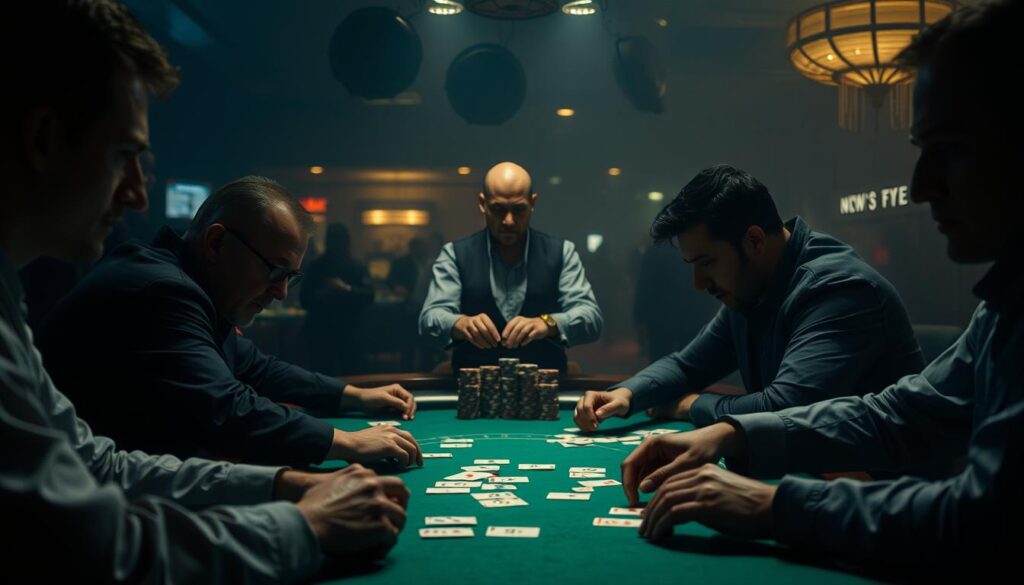 A dimly lit casino table, the green felt surface a canvas for a high-stakes psychological battle. In the foreground, players lean in, their expressions intense as they scrutinize their cards and the movements of their opponents. The lighting casts dramatic shadows, creating an atmosphere of tension and strategy. In the middle ground, the dealer stands poised, their hands deftly shuffling and dealing, their face a mask of neutrality. The background is hazy, with the faint outlines of other tables and the muted chatter of the casino creating a sense of the larger world in which this intense game of wits and chance unfolds. The overall mood is one of focus, calculation, and the thrill of the gamble.