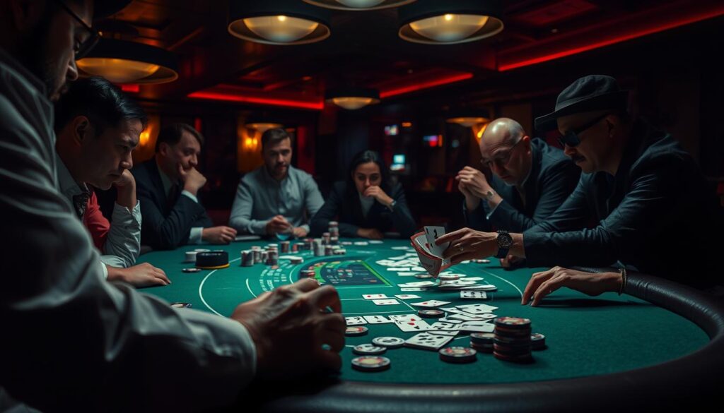A dimly lit casino table, the green felt surface a canvas for the dance of cards and chips. In the foreground, a dealer's skilled hands shuffle a deck, their movements fluid and precise. Surrounding the table, players lean in, their expressions a mix of concentration and anticipation, their eyes scanning the patterns emerging from the cards. In the background, the muted glow of overhead lamps casts subtle shadows, creating an atmosphere of deliberation and strategic contemplation. The scene conveys the importance of observing the flow of the game, the subtle cues that can unveil the path to victory in the captivating world of baccarat.