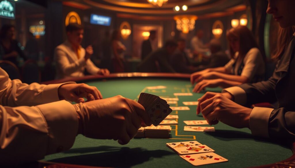 A dimly lit casino table, the green felt surface a canvas for the drama of baccarat. Elegant gloved hands shuffle well-worn cards, the players' faces alight with anticipation. Soft amber lighting casts a warm glow, creating an atmosphere of sophisticated gameplay. In the background, the faint chatter of fellow patrons and the subtle chime of casino ambiance. The table's edge is adorned with ornate carvings, hinting at the game's storied history. A single spotlight illuminates the center, where the cards are dealt with precision, revealing the secrets of baccarat strategy.