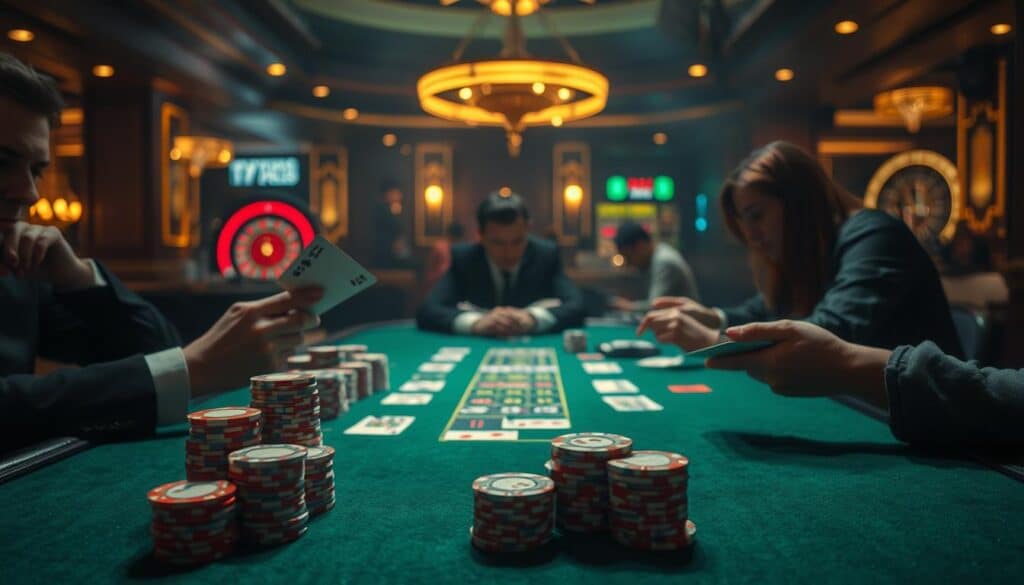 A dimly lit casino table, the green felt surface accented by the warm glow of overhead lights. Stacks of colorful chips are arranged in orderly rows, hinting at strategic betting patterns. Elegant hands hold cards, faces obscured, as players carefully consider their next move. The atmosphere is tense yet focused, a hush falling over the table as each decision is weighed. In the background, the faint sounds of shuffling cards and the occasional chime of the roulette wheel create a sense of anticipation. This is the scene of a carefully crafted Baccarat betting strategy, where skill, discipline, and a keen eye for probability converge to produce consistent winning outcomes.