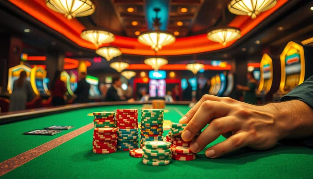 A dimly lit casino table, the green felt surface accentuated by the warm glow of overhead lamps. Intricate chips in a rainbow of colors are stacked neatly, representing careful resource management. A pair of experienced hands delicately count and arrange the chips, conveying the importance of disciplined bankroll control. In the background, the muted chatter of players and the occasional jingle of slot machines create an atmosphere of calculated risk-taking. The image captures the essence of responsible gambling, where strategy and financial prudence are the keys to sustained success in the game of baccarat.