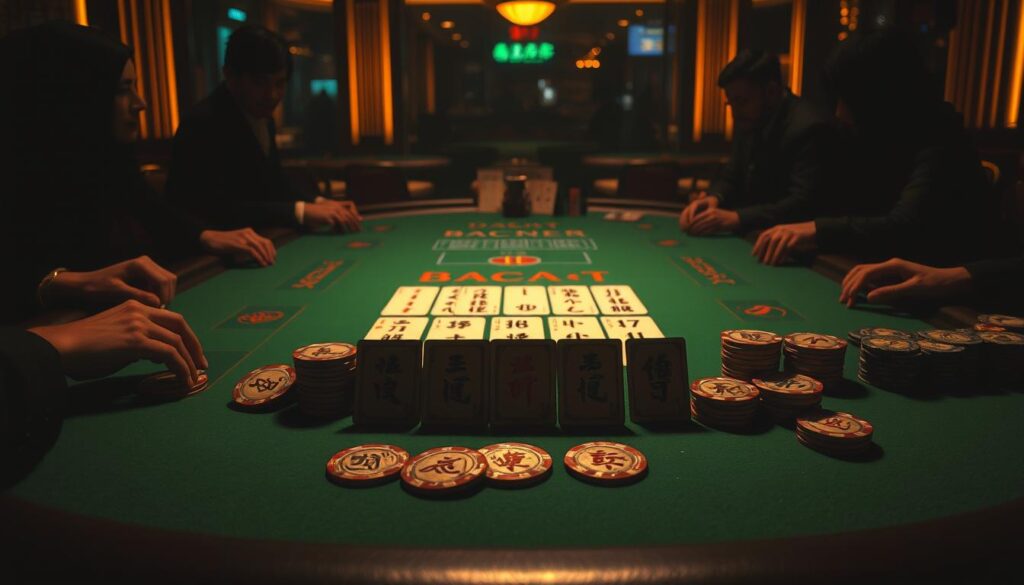 A dimly lit casino table, the green felt surface aglow under warm, golden lighting. On the table, an array of ornate, intricately detailed casino chips in various denominations, arranged in neat stacks. In the center, a distinctive set of cards, each one bearing a unique Chinese character, representing the unique variations of the classic Baccarat game. Surrounding the table, the shadowy silhouettes of players, their faces obscured, focused intently on the unfolding game. The atmosphere is one of mystery, strategy, and the thrill of high-stakes gambling.