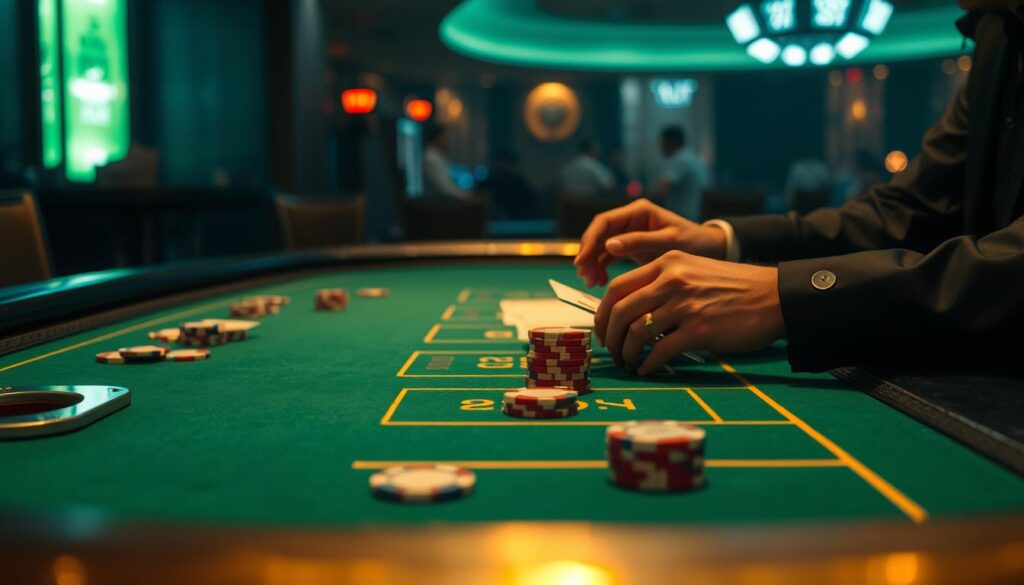 A dimly lit casino table, the green felt surface and brass edges gleaming under the soft, warm lighting. On the table, various betting chips in different denominations are neatly arranged, awaiting the strategic placements of a skilled baccarat player. The dealer, their hands deftly handling the cards, waits patiently as the player considers their next move, weighing the odds and contemplating the optimal betting strategy. The atmosphere is one of subtle tension and concentration, as the player seeks to find the perfect balance between risk and reward, seeking to maximize their chances of a favorable outcome.