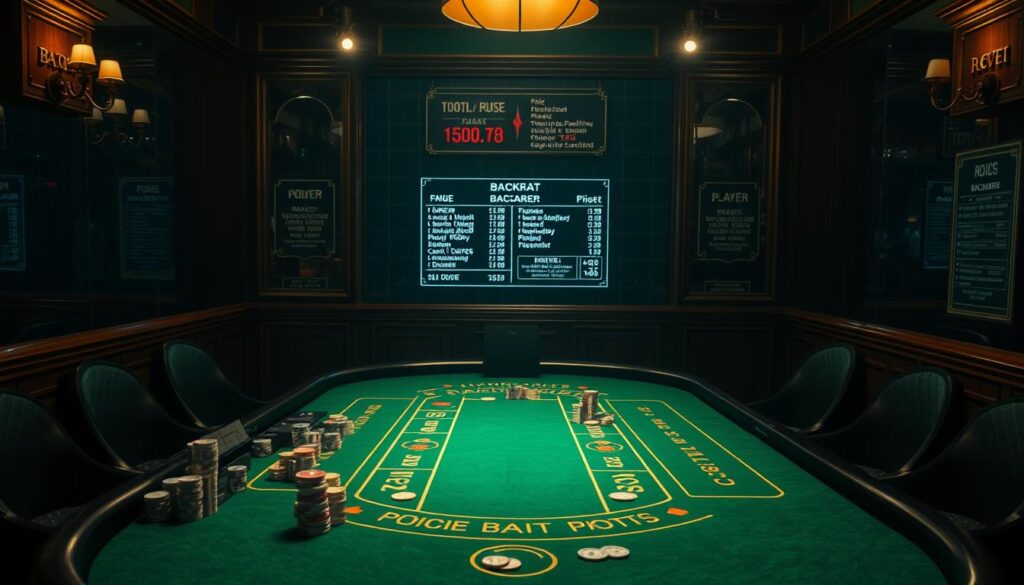 A dimly lit casino table, the green felt surface artfully illuminated by strategically placed lamps, casting a warm glow. Elegant wooden railing frames the table, while discreet signage displays the odds and payouts for the classic baccarat game. The table's layout is meticulously arranged, with detailed markings indicating the banker and player betting zones. An array of casino chips in varied denominations are scattered across the surface, hinting at the high-stakes nature of the game. The atmosphere is one of understated luxury, evoking the timeless allure of the baccarat experience.