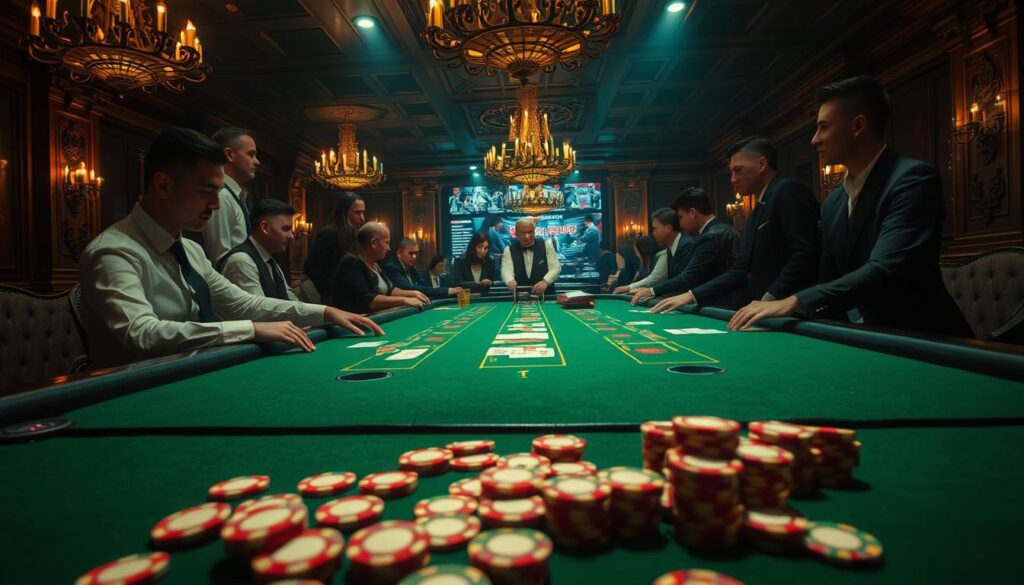 A dimly lit casino table, the green felt surface beckoning players to test their luck at Baccarat. Elegant chandeliers cast a warm glow, accentuating the carved mahogany details of the table. Dealers in crisp, tailored uniforms expertly shuffle the cards, their hands moving with precision honed by years of experience. In the foreground, a scatter of gaming chips in a range of denominations, each one a symbol of the strategic decisions to be made. The atmosphere is charged with anticipation, the air thick with the thrill of the game. Seasoned players study the table intently, seeking patterns and exploiting the nuances of this centuries-old casino classic.
