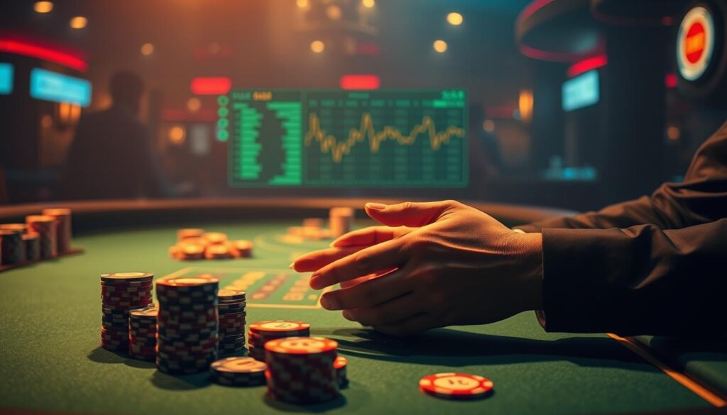A dimly lit casino table, the green felt surface cast in a warm glow. Stacks of casino chips in varying denominations are neatly arranged, inviting the player to strategize their moves. A pair of hands, belonging to a thoughtful gambler, hovers over the table, analyzing the data displayed on a sleek, modern interface. The background is hazy, with the faint sounds of the casino atmosphere providing a sense of anticipation. The scene conveys a contemplative mood, as the gambler seeks to uncover the insights hidden within the game's statistics, aiming to gain an advantageous perspective on the odds.