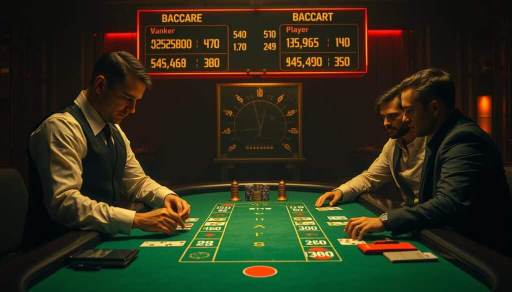 A dimly lit casino table, the green felt surface casting a soft glow. On one side, the dealer, dressed in a crisp white shirt and black vest, expertly shuffles the cards. On the other, two players, one in a sharp suit, the other in casual attire, engage in a high-stakes game of Baccarat. Above them, a neon-lit scoreboard displays the win rates of the banker and the player, illustrating the ebb and flow of the game. The scene is bathed in a warm, amber hue, creating an atmosphere of tension and anticipation. The players' faces are illuminated, their expressions a mix of concentration and excitement. The camera angle captures the action from slightly above, giving the viewer a sense of the intensity and strategic nature of the game.