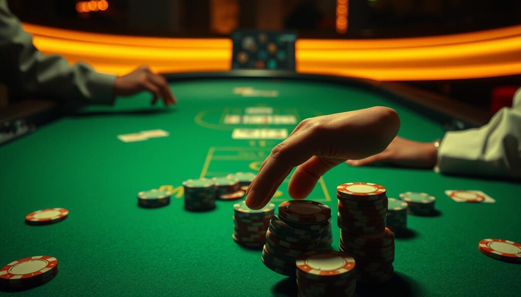 A dimly lit casino table, the green felt surface casting a subtle glow. Overhead, a warm, golden light bathes the scene, creating an atmosphere of contemplation. On the table, poker chips in various denominations are arranged in strategic clusters, representing the optimal betting positions. A dealer's hand hovers, ready to distribute the cards, as seasoned players study the layout, weighing their options with a discerning eye. The composition emphasizes the decision-making process, highlighting the importance of carefully selecting the right betting positions to maximize the chances of success in this classic game of Baccarat.